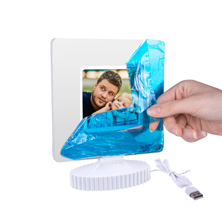 3d Ledli Mavi Işıklı Aynalı Kare Fotoğraf Çerçevesi - 3