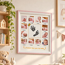 Ahşap 12 Aylık Yeni Doğan Bebek Fotoğraf Anı Çerçevesi - Pembe - NobbyStar (1)