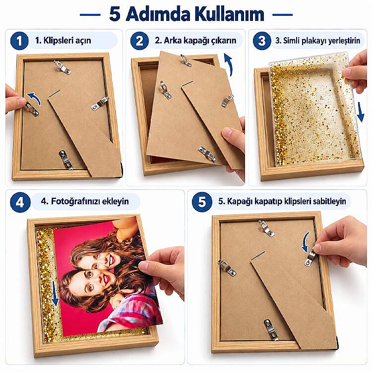 Ahşap Sulu Altın Simli Fotoğraf Çerçevesi - 15x20cm - 3