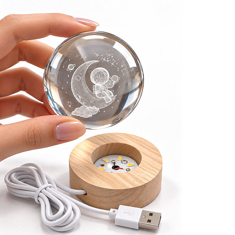 Astronot Figürlü Led Işıklı Cam Küre - Ahşap Standlı - 5