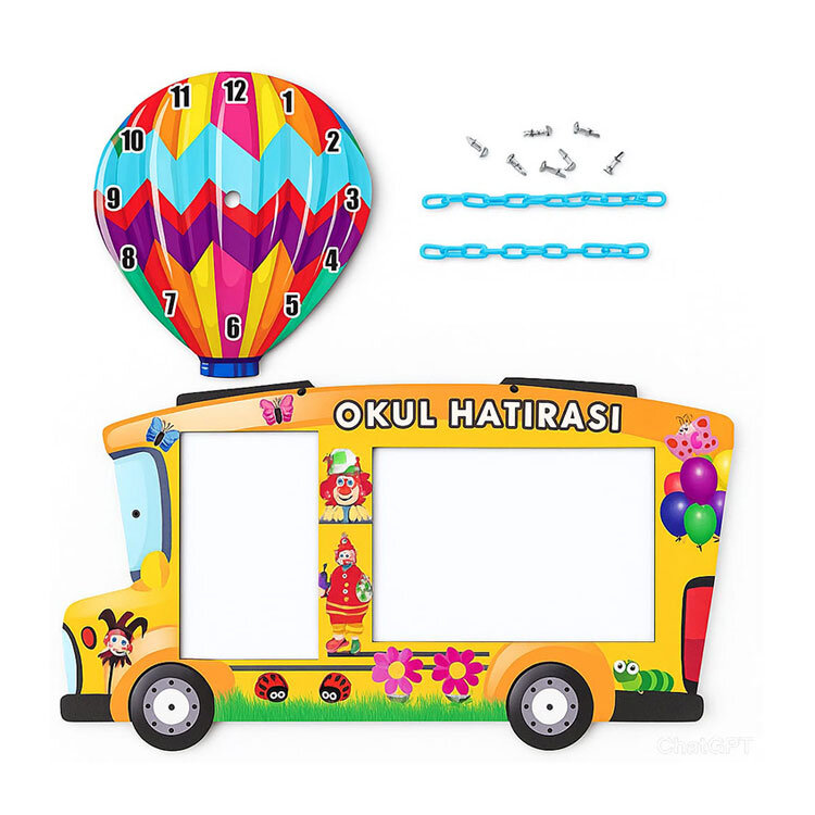 Balonlu ve Saatli Otobüs Okul Fotoğraf Çerçevesi - 4
