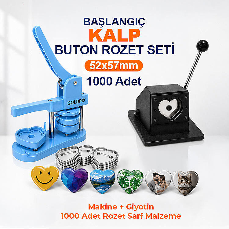 Başlangıç Kalp Buton Rozet Baskı Seti 1000 Adet - 52x57mm - 1