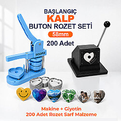 Başlangıç Kalp Buton Rozet Baskı Seti 200 Adet - 52x57mm - Goldpix