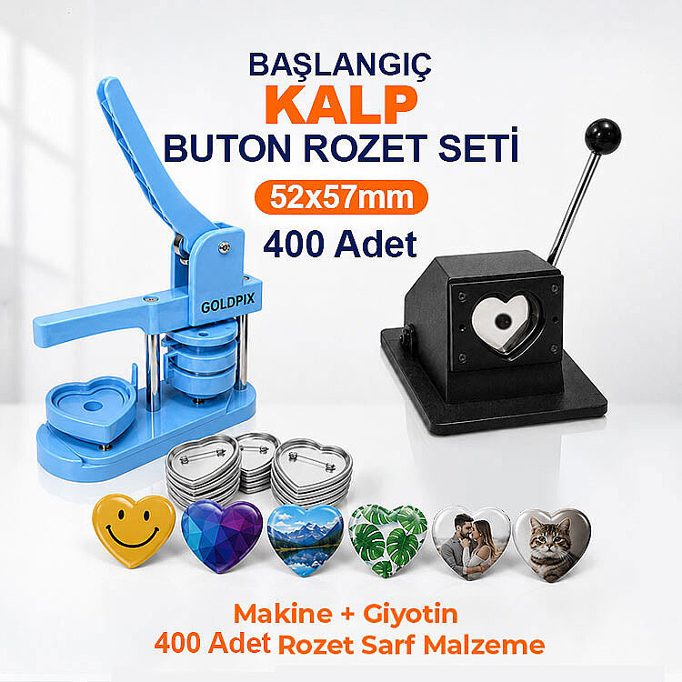 Başlangıç Kalp Buton Rozet Baskı Seti 400 Adet - 52x57mm - 1