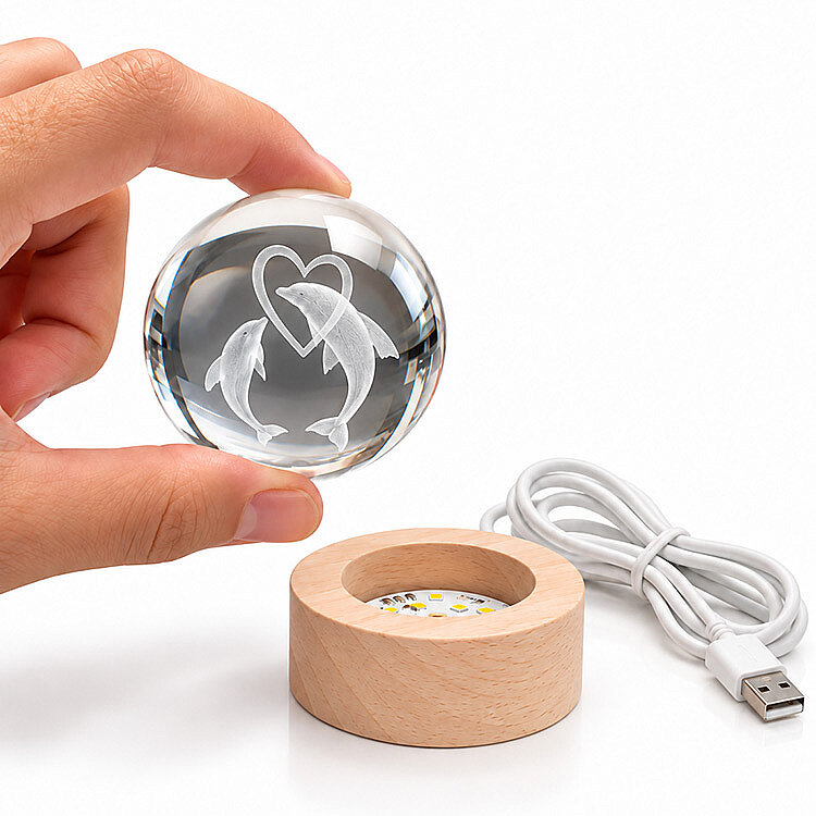 Yunus Balığı Figürlü Led Işıklı Mini Cam Küre - Ahşap Standlı - 5