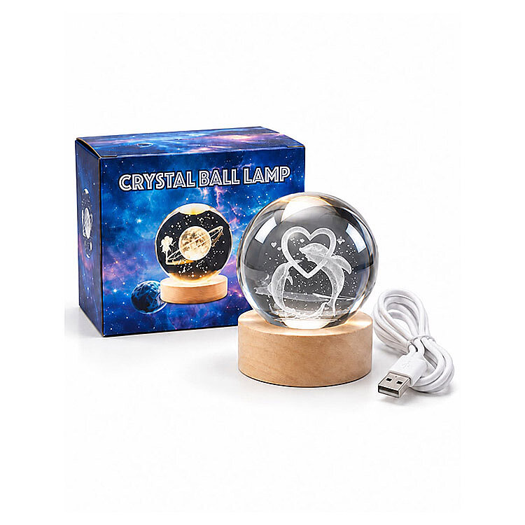 Yunus Balığı Figürlü Led Işıklı Mini Cam Küre - Ahşap Standlı - 6