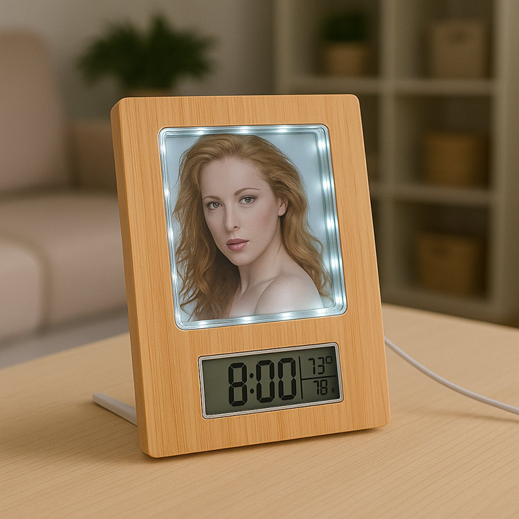 Fotoğraflı Led Işıklı Sihirli Ayna Bambu Saat Takvim Fotoğraf Çerçevesi - 2