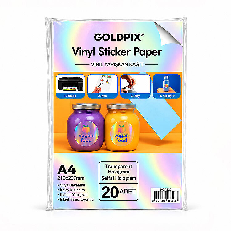 Goldpix İnkjet Yapışkanlı Şeffaf Hologram Sticker Film Etiket Kağıdı 20 Adet - 20x30cm - 6