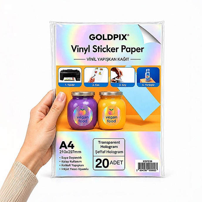 Goldpix İnkjet Yapışkanlı Şeffaf Hologram Sticker Film Etiket Kağıdı 20 Adet - 20x30cm - 1