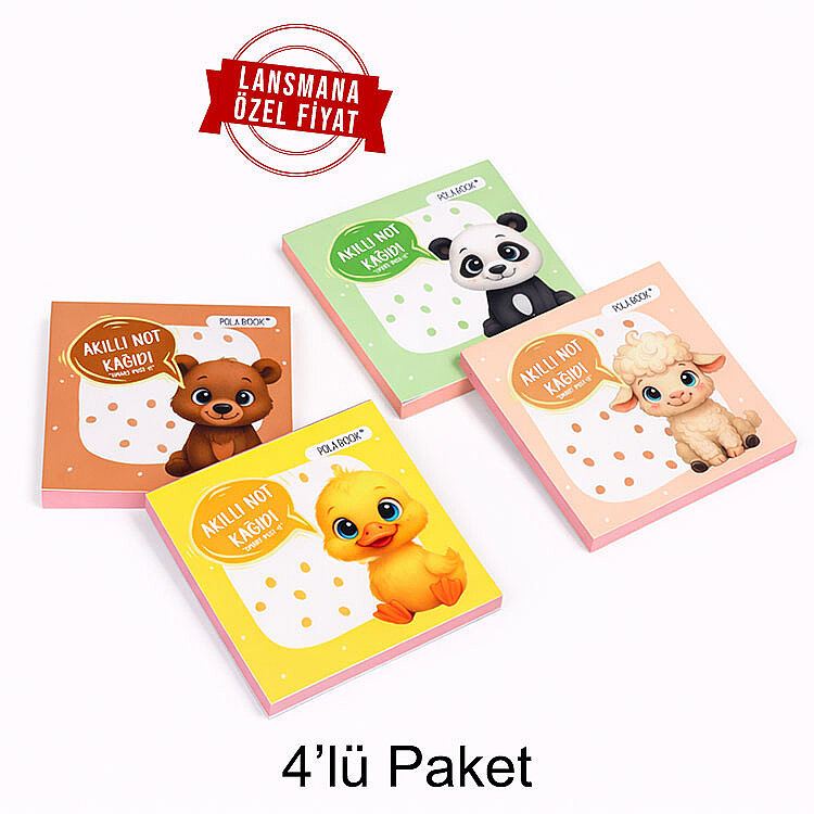 Hayvanlı Mini Akıllı Not Kağıdı 50 Yaprak Yapışkanız Post-it - 4'lü Paket - 1