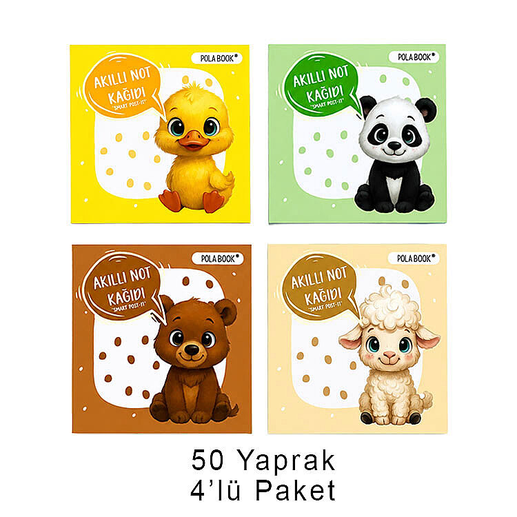 Hayvanlı Mini Akıllı Not Kağıdı 50 Yaprak Yapışkanız Post-it - 4'lü Paket - 1