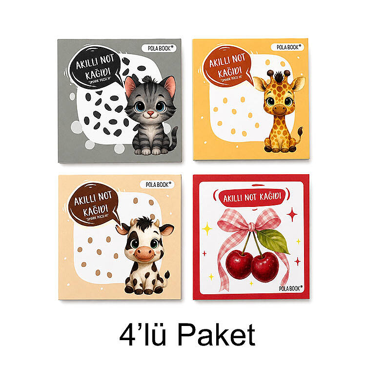 Hayvanlı ve Meyveli Mini Akıllı Not Kağıdı 100 Yaprak Yapışkanız Post-it - 4'lü Paket - 8