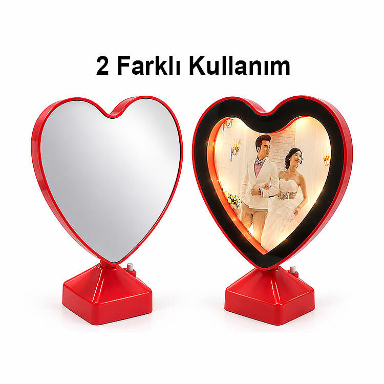 Kırmızı Kalpli Sihirli Ayna - Led Işıklı Çerçeve - 1
