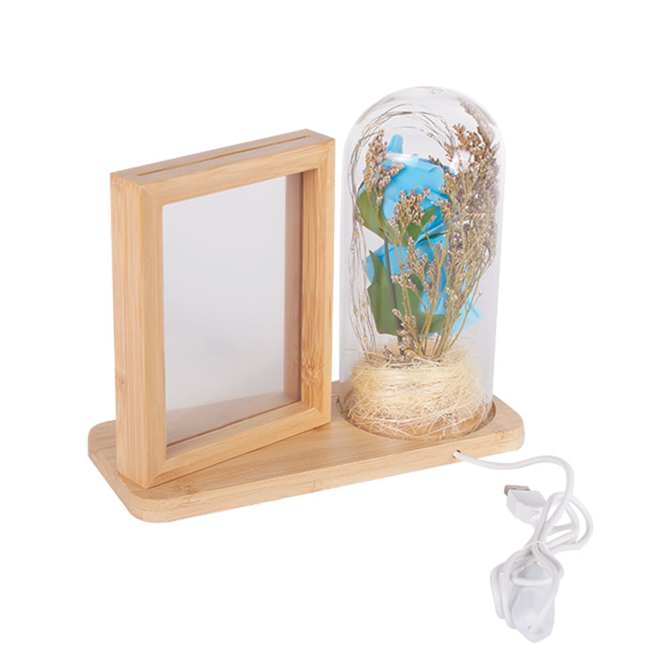 LED'li Ahşap Güllü Cam Fanus Çerçeve - 5
