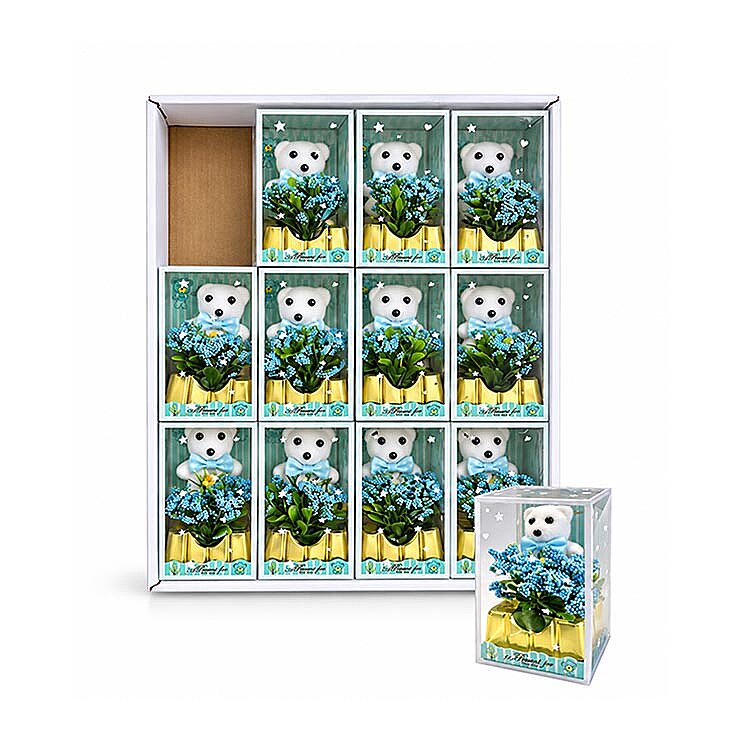 Mavi Çiçekli Mini Ayıcık - 12'li Kutulu Set - 1