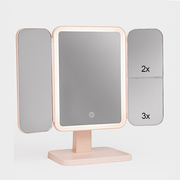 Pembe Katlanabilir Şarjlı Dokunmatik Makyaj Aynası - Led Işıklı Ayna - 3