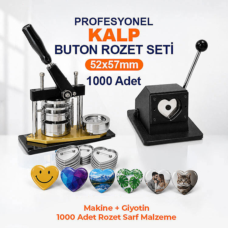 Profesyonel Kalp Buton Rozet Baskı Seti 1000 Adet - 52x57mm - 1