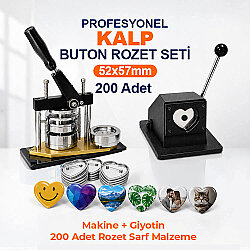 Profesyonel Kalp Buton Rozet Baskı Seti 200 Adet - 52x57mm - Goldpix