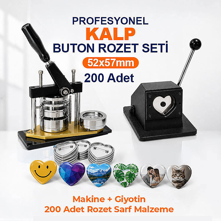 Profesyonel Kalp Buton Rozet Baskı Seti 200 Adet - 52x57mm - 1