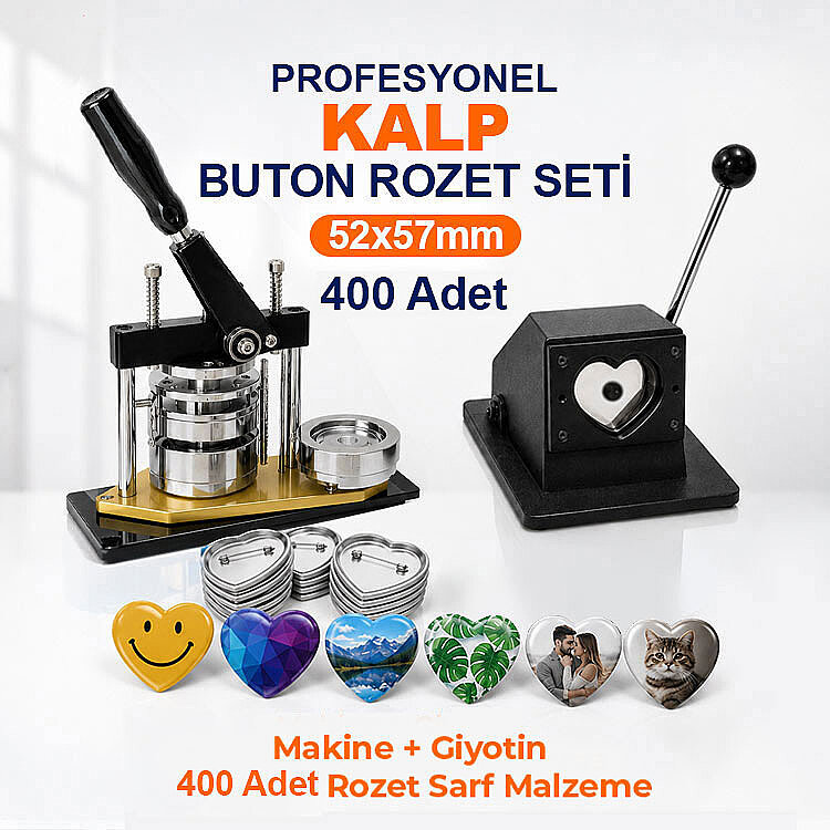 Profesyonel Kalp Buton Rozet Baskı Seti 400 Adet - 52x57mm - 1