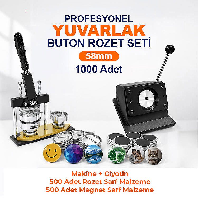 Profesyonel Yuvarlak Buton Rozet Baskı Seti 1000 Adet - 58mm - 1