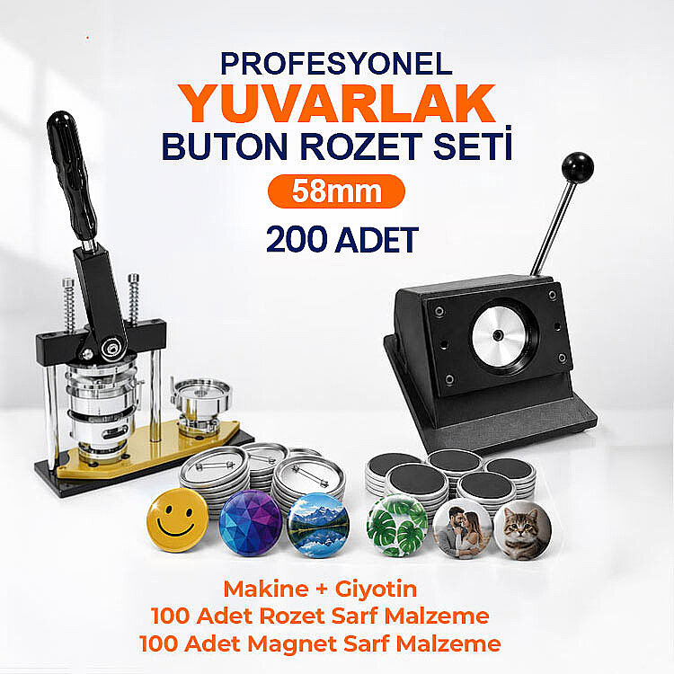 Profesyonel Yuvarlak Buton Rozet Baskı Seti 200 Adet - 58mm - 1