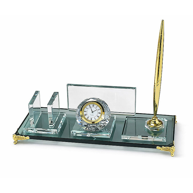 Süblimasyon Kristal Altın Ayaklı Masa İsimliği – Kalemli ve Saatli - 5