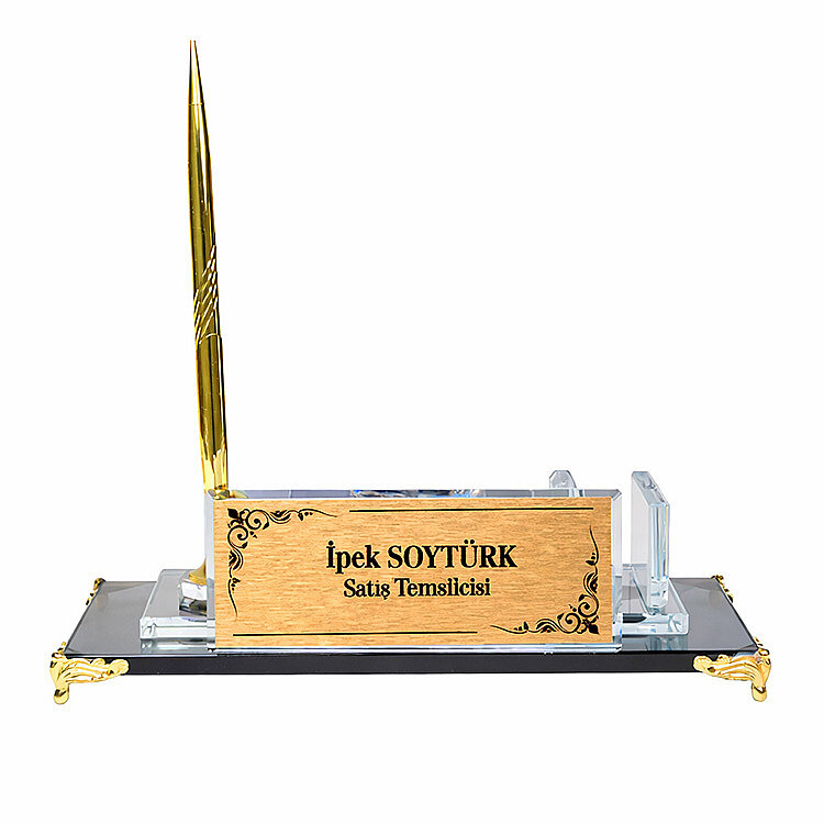 Süblimasyon Kristal Altın Ayaklı Masa İsimliği – Kalemli ve Saatli - 3