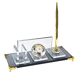 Süblimasyon Kristal Altın Ayaklı Masa İsimliği – Kalemli ve Saatli - 1