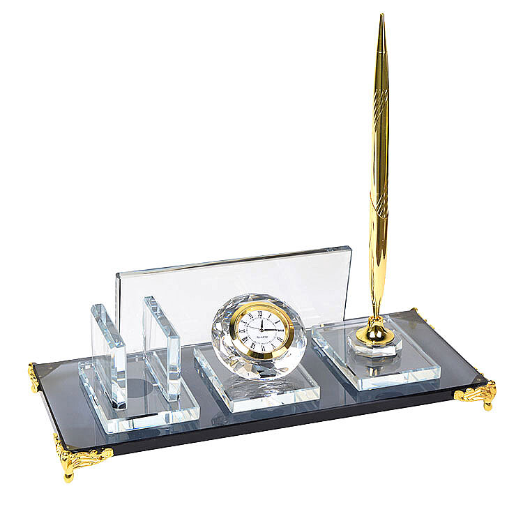 Süblimasyon Kristal Altın Ayaklı Masa İsimliği – Kalemli ve Saatli - 1