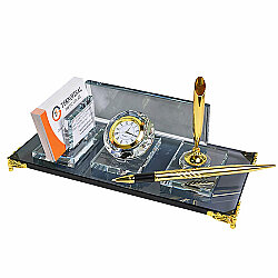 Süblimasyon Kristal Altın Ayaklı Masa İsimliği – Kalemli ve Saatli - 2