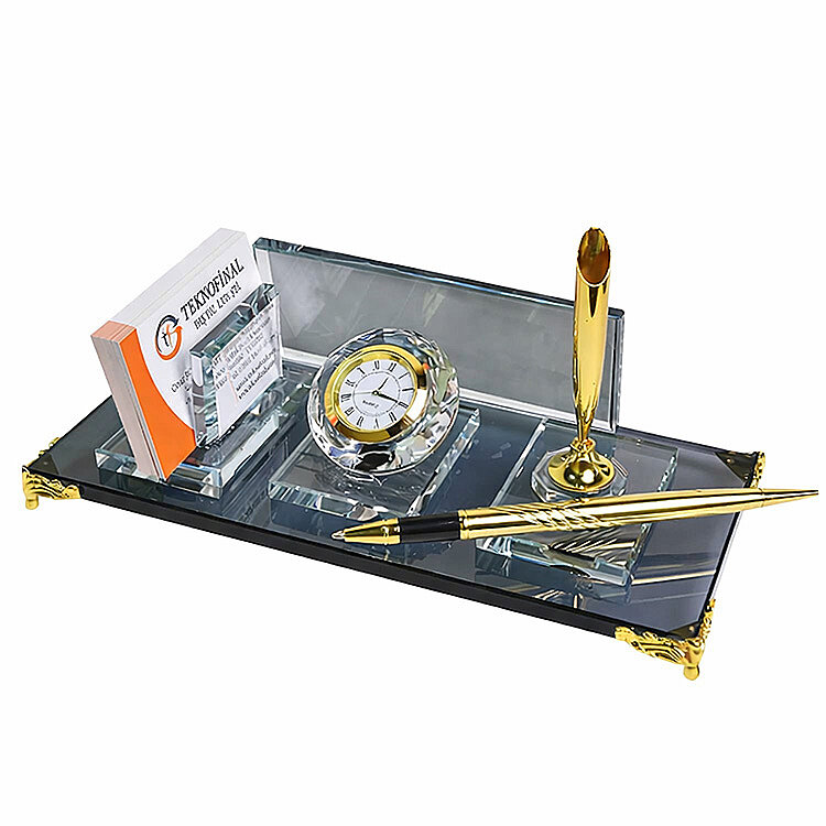 Süblimasyon Kristal Altın Ayaklı Masa İsimliği – Kalemli ve Saatli - 2