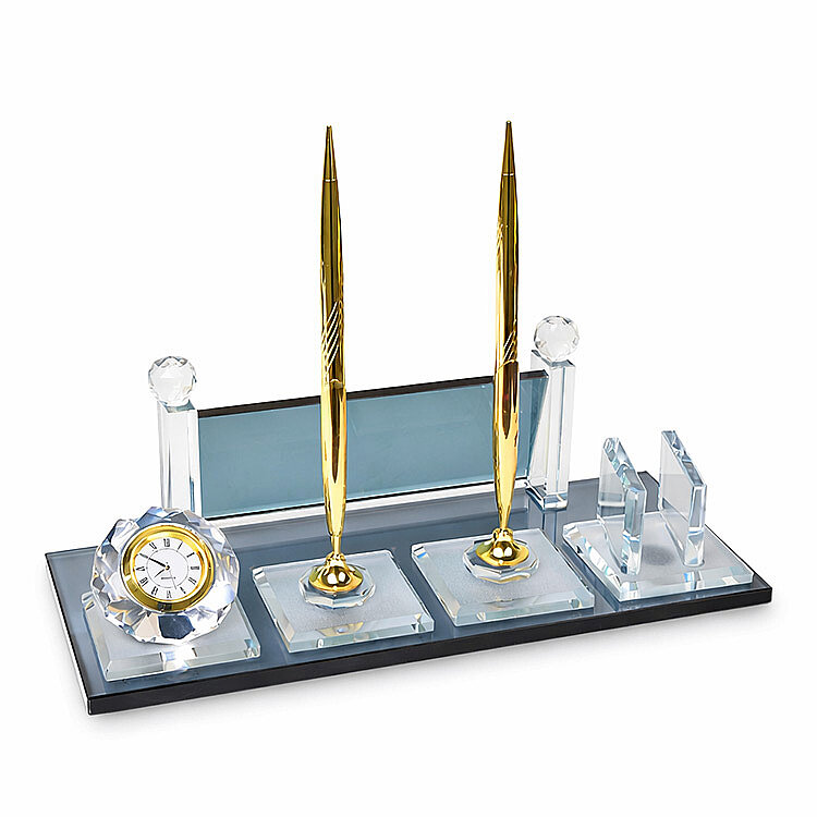 Süblimasyon Kristal Altın Masa İsimliği – Çift Kalemli ve Saatli - 1