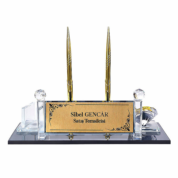 Süblimasyon Kristal Altın Masa İsimliği – Çift Kalemli ve Saatli - 2