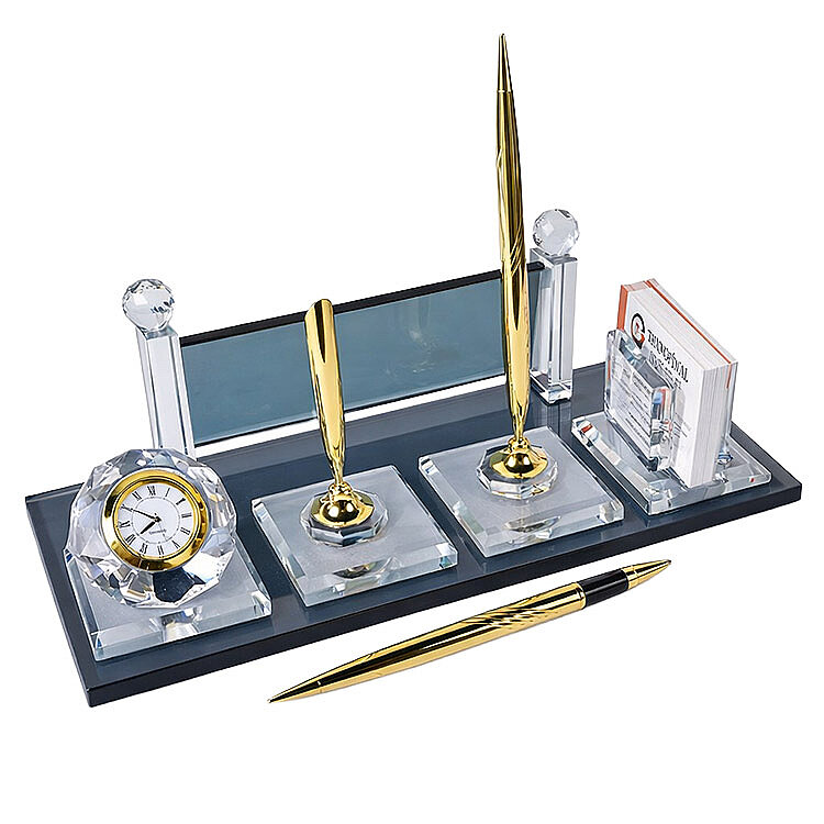 Süblimasyon Kristal Altın Masa İsimliği – Çift Kalemli ve Saatli - 6