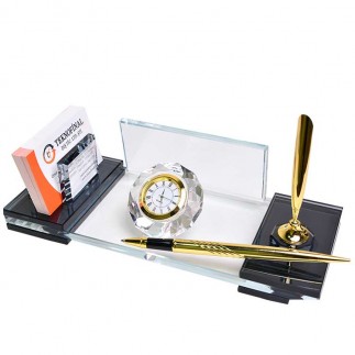 Süblimasyon Kristal Altın Masa İsimliği – Kalemli ve Saatli - 3