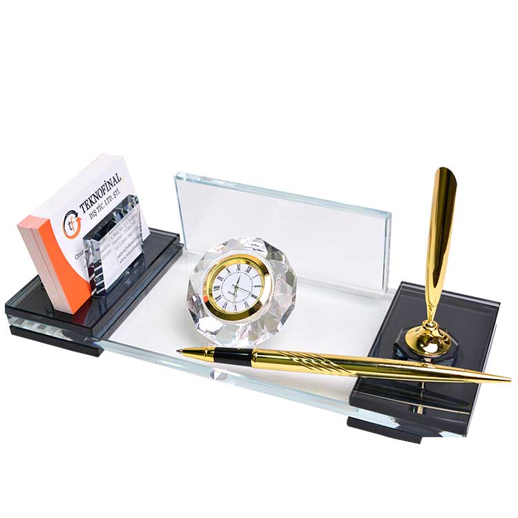 Süblimasyon Kristal Altın Masa İsimliği – Kalemli ve Saatli - 3
