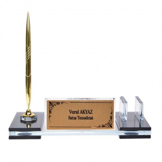 Süblimasyon Kristal Altın Masa İsimliği – Kalemli ve Saatli - 5