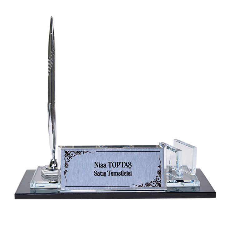 Süblimasyon Kristal Gümüş Masa İsimliği – Kalemli ve Saatli - 5