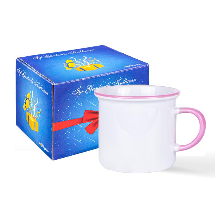 Süblimasyon Kulpu ve Ağız Çevresi Pembe Enamel Kupa - Kutulu - 1