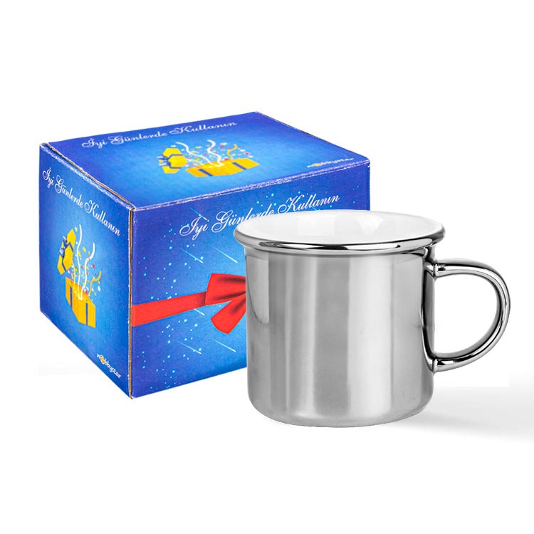 Süblimasyon Porselen Gümüş Enamel Kupa Bardak - Kutulu - 1