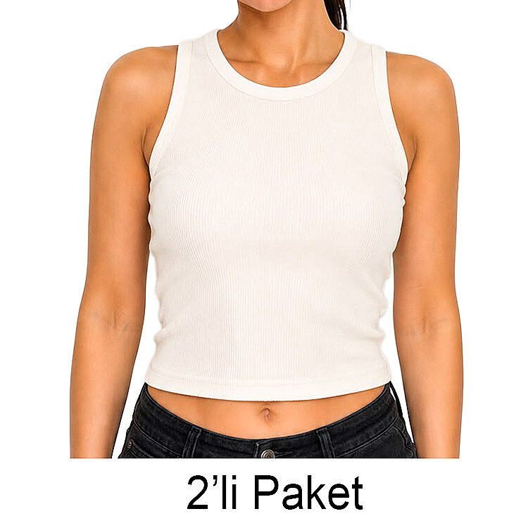 Süblimasyon Sıfır Kol Fitilli Crop Bluz - 2'li Paket - 1