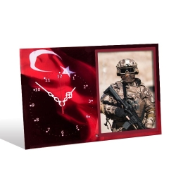 Türk Bayraklı Cam Saatli Fotoğraf Çerçeve - 15x21cm - Thumbnail