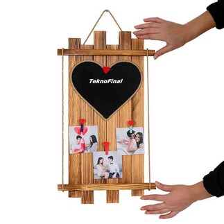 Wooden Multiple Photo Frame with Heart-Shaped Blackboard 23 x 54 cm - Thumbnail