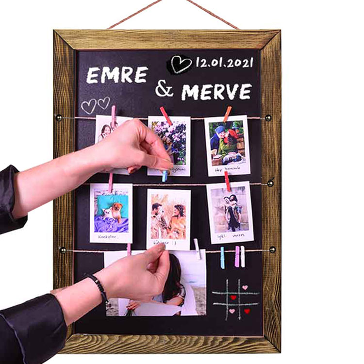 Wooden Multiple Photo Frame with String and Blackboard