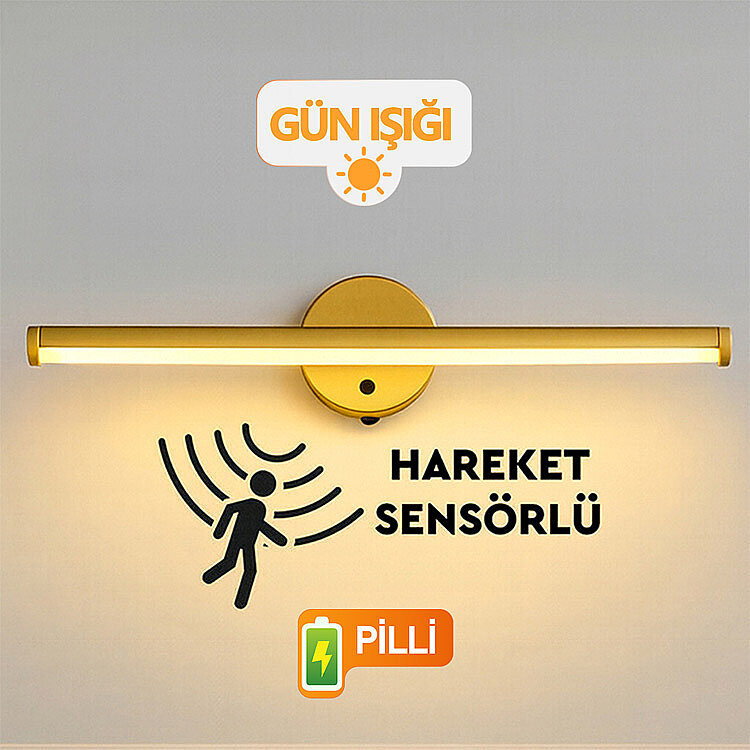 Yapışkanlı Gold Sensörlü Led Duvar Apliği - Kablosuz Pilli İki Çalışma Modu - 6