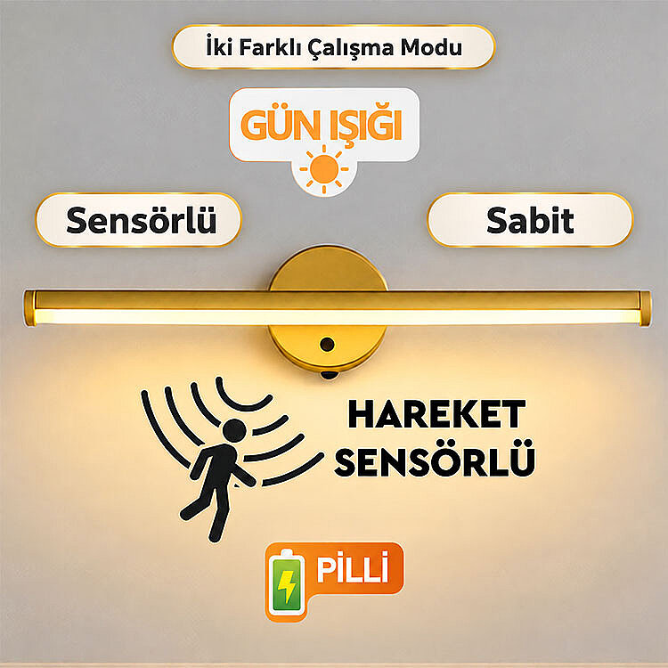 Yapışkanlı Gold Sensörlü Led Duvar Apliği - Kablosuz Pilli İki Çalışma Modu - 1