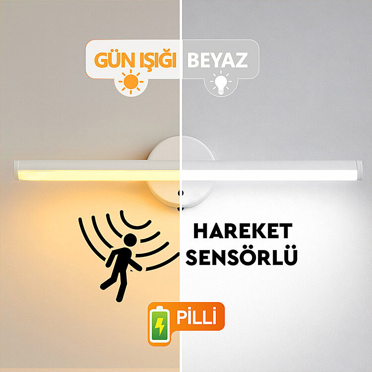 Yapışkanlı Sabit ve Sensörlü Led Işıklı Beyaz Aplik - Kablosuz Pilli - 10