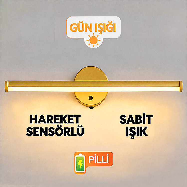 Yapışkanlı Sabit ve Sensörlü Led Işıklı Gold Aplik - Kablosuz Pilli