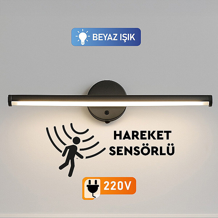 Yapışkanlı Sabit ve Sensörlü Led Işıklı Siyah Aplik - 220V Elektrikli — görsel 4